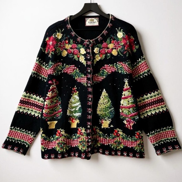 Vintage Tiara Women’s Christmas Cardigan Sweater Trees Beaded Embroidered‎ 18/20 - Picture 1 of 9